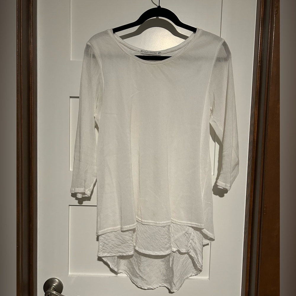 Cut Loose Tunic Top Crew Neck Layered Flowy White Cotton Size Medium